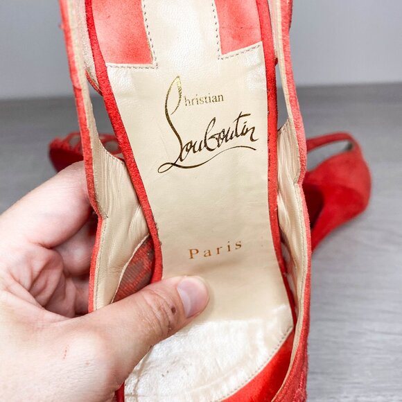 Louboutin K-Racas Coral Fishnet Pumps - Picture 8 of 8